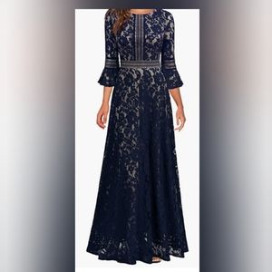Vintage Style Navy Blue Lace Women Maxi Dress Formal